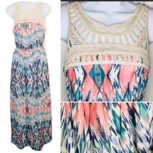 Lily Rose Tribal Ikat Crochet Lace Maxi Dress Teal S